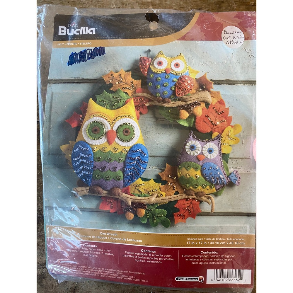 Bucilla Owl Wreath Felt Applique Kit 86562 Autumn Fall Decor 17 Inch DIY New
